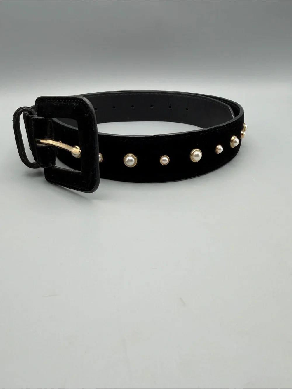 Zara Black Velvet Faux Pearl Studded Belt Gold Buckle Size 34 Medium